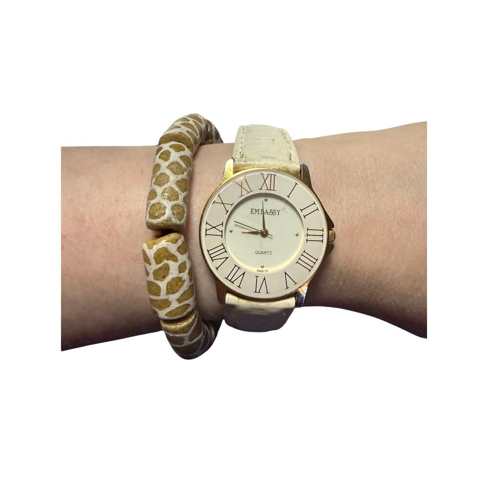 Embassy Watch White Leather + Kairos Giraffe Bracelet Safari Set New Battery